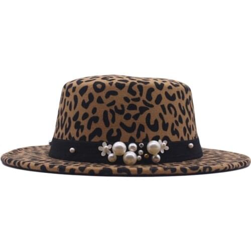 Autumn Winter Men Women Pearl Leopard Flat Wide Brim Jazz Hat Trend Casual Personality Felt Hat Unisex