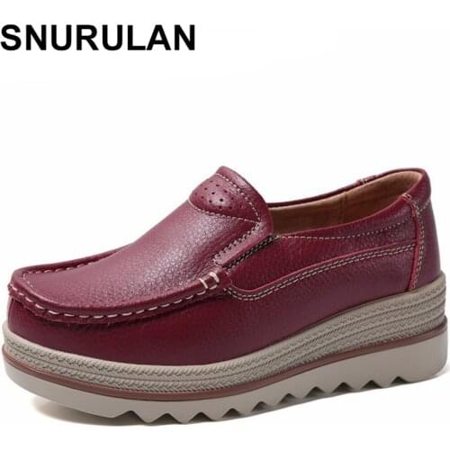 SNURULAN Autumn Women Flats Shoes Female Platform Sneakers Moccasins Shoes Woman Creepers Slip On Shoe Genuine Leather Ladies