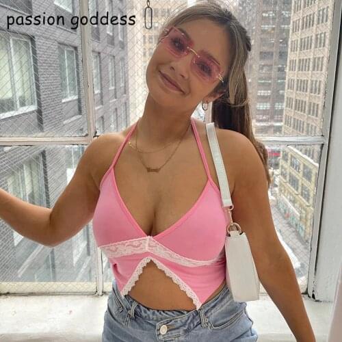 Summer Women Lace Patchwork Sexy Camis Tops Spaghetti Strap V Neck Split Butterfly Shape Black Pink Tank Top Streetwear Crop Top