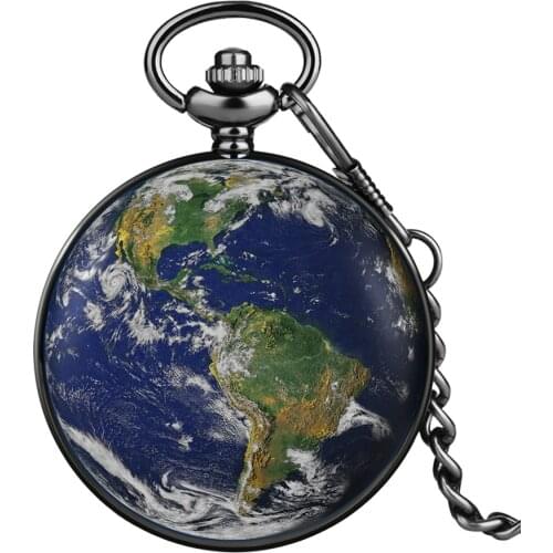 Unique The Earth Map Atlantic Printing Vintage Black Quartz Pocket Watch Men Women Pendant Necklace Hours Clock Jewelry Gifts