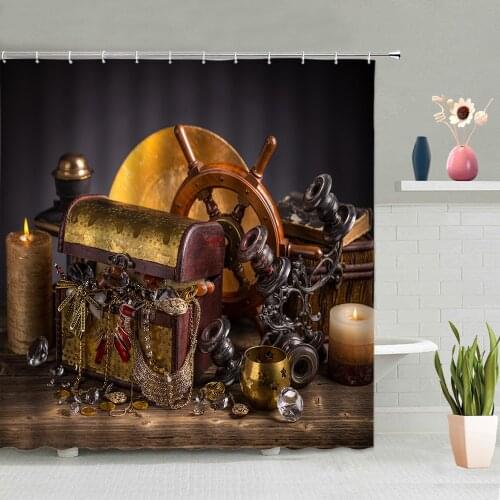 Nautical Pirate Treasure Box Direction Rudder Pattern Bathroom Accessories Shower Curtain Waterproof Polyester Fabric With Hook