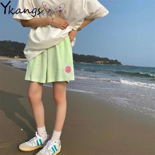 Womens Embroidery Summer 2021 Kawaii Beach Shorts Korean Style Ulzzang Sweat Capri Short Fashion Casual Biker Hot Pants Female