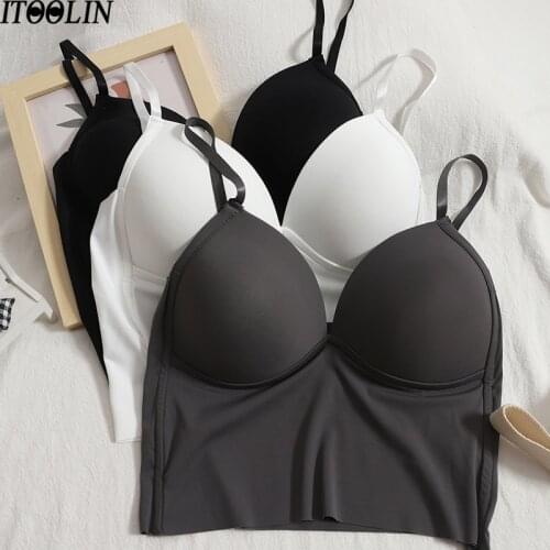 ITOOLIN Women Crop Tops Backless Camis Thin Short Seamless Chest Pad Bra Camisole Solid Versatile Basic Tops Padded Streetwear