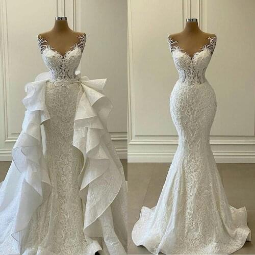 2021 White Mermaid Wedding Dresses with Detachable Train Ruffles Lace Appliqued Bridal Gowns Plus Size Vestidos de novia