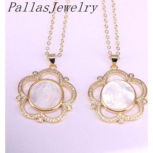 5Pcs 27MM CZ Micro Pave Flower Shape Shell Pendants Charm Necklaces Metal Electroplated Elegant Jesus /Mary Pattern Women
