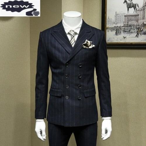 Formal Business Man Office Work 3pcs Dress Suit Groom Striped Slim Fit Double Breasted Wedding Suits High Quality Costume Homme