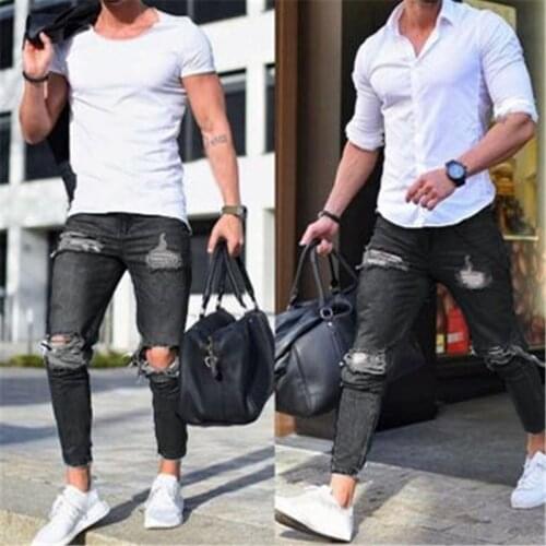 Biker Jeans Mens Distressed Stretch Ripped Biker Jeans Men Hip Hop Slim Fit Holes Punk Denim Jeans Cotton Pants Zipper Pencil
