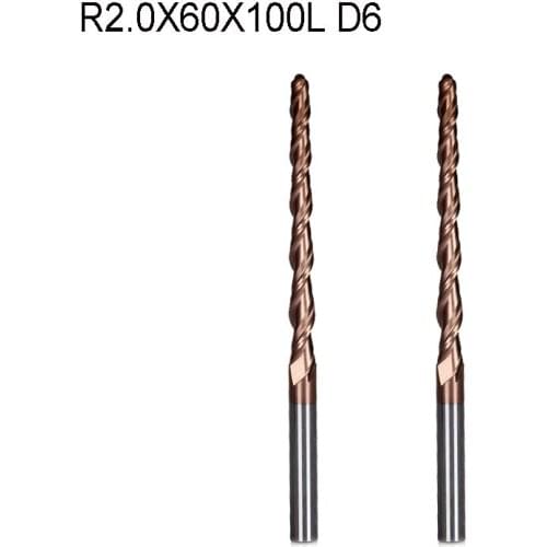 HRC55 R2.0*D6*60*100L*2F Tungsten solid carbide Coated Tapered Ball Nose End Mills taper and cone endmills