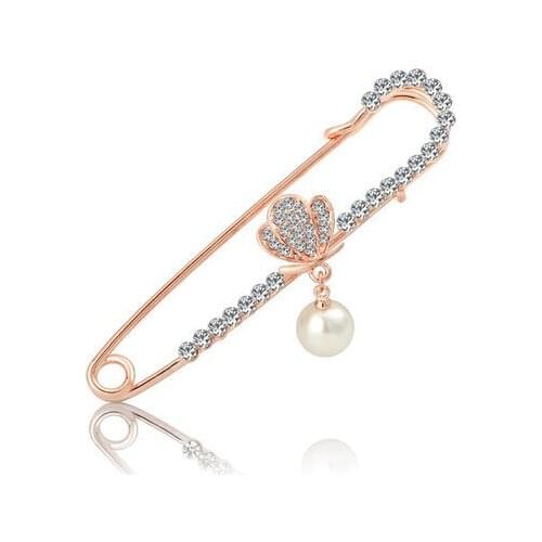 Round Pearl Dangle Womens Brooch Cute Crystal Butterfly Scarf Pin For Lady High Quality Dress Decoration Jewelry