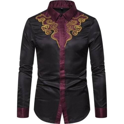 2019 New Palace Embroidery Design Mens Front Opening Long-sleeve Shirt Mens Stitching Color Silky Material Lapel Casual Shirt
