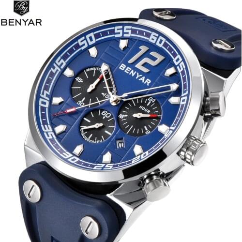 New listing Mens Watches BENYAR Luxury Brand Quartz watch Men Military silicone strap Calendar Function Chronograph Waterproof