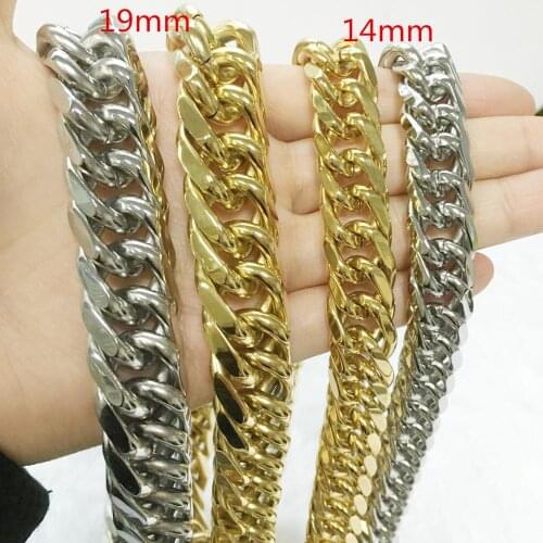 Granny Chic Heavy Huge Polished Necklace Mens Chain Cut Curb Cuban Link 316L Stainless Steel Silver Color/Gold Color 14/19mm