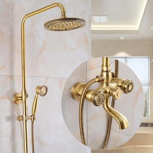 New Arrival Deluxe Carving Retro Style Solid Brass Bathroom Shower Faucet Set Wall Mounted Dual Handle Rainfall Shower Mixer Tap