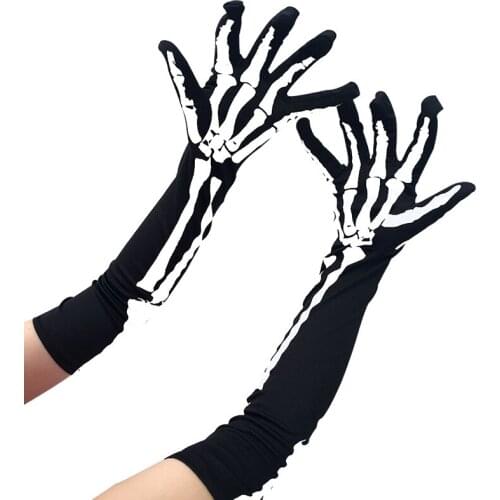 White Skeleton Gloves For Halloween Cosplay Elbow Length Full Finger Gloves Women Men Long Gloves Scary Ghost Bone Mittens