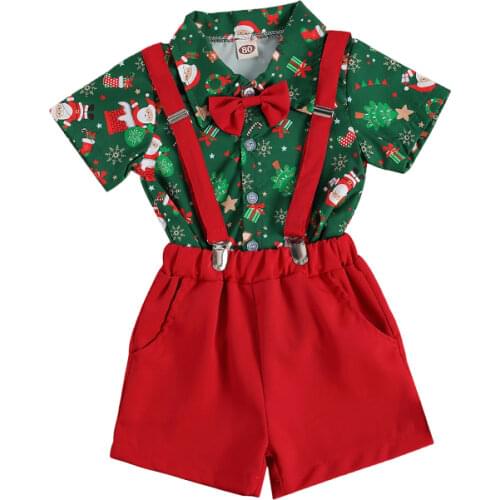 Christmas Infant Baby Boys Clothes Sets 2pcs Gentleman Print Short Sleeve Shirts Tops Overalls Shorts+Bow Tie Winter Outfits