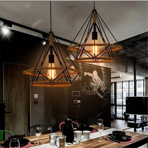 Modern Iron Vintage Art Diamond Shape Pendant Light Bird Cage Rustic Retro Loft Pyramid Lamp Style Cafe Dining Ceiling Lamp