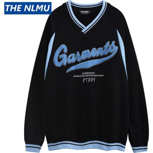 Hip Hop Streetwear V-neck Sweatshirt 2021 Autumn Letter Embroidery Pullover Men Harajuku Cotton Casual Tops WE265