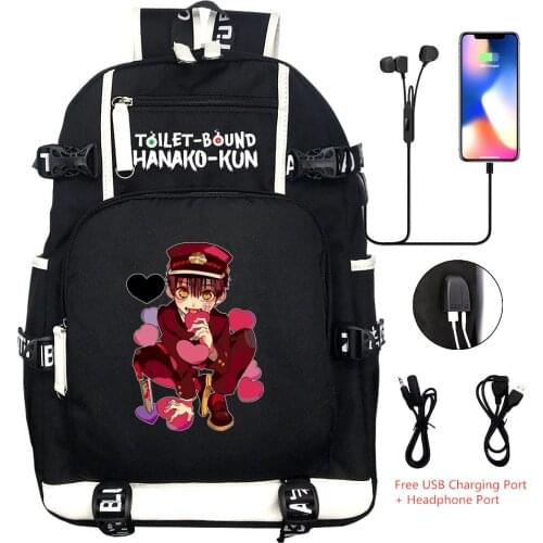 Toilet-Bound Hanako-kun USB Backpack Anime Shoulder Travel Laptop Bag Rucksack BookBag Black Knapsack for Men Teens Kids