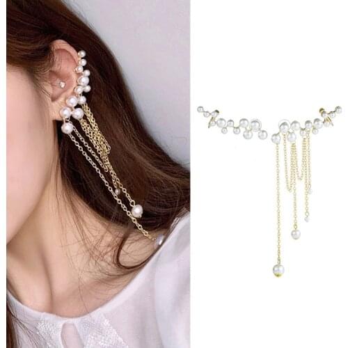 Pearl Tassel Clips Earrings for Women Fashion Asymmetrical Personality Earring Korean Style Temperament Jewelry Accessories