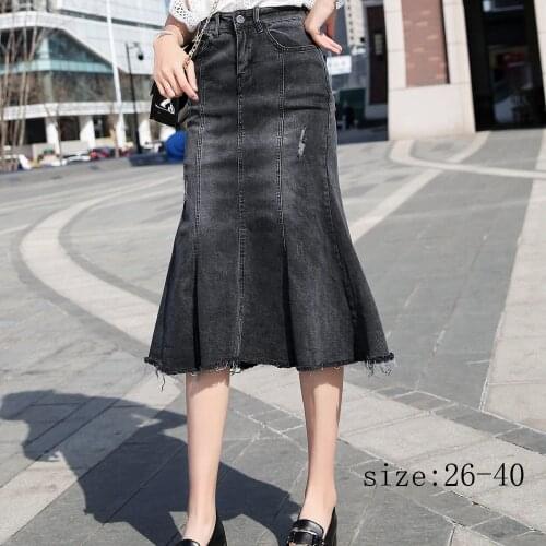 Women plus size Black denim skirt female spring new High waist elastic skirt elegant lady skirt casual female skirt