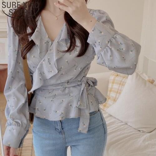 Vintage Floral V-neck Puff Sleeve Chiffon Blouse Elegant Ruffles Belt Slim Waist Female Shirts women Blouse blusa mujer 8778 50