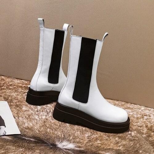 SKLFGXZY black white Genuine leather women boots Female boots The boots bottom of the thick warm Autumn winter Womens shoes