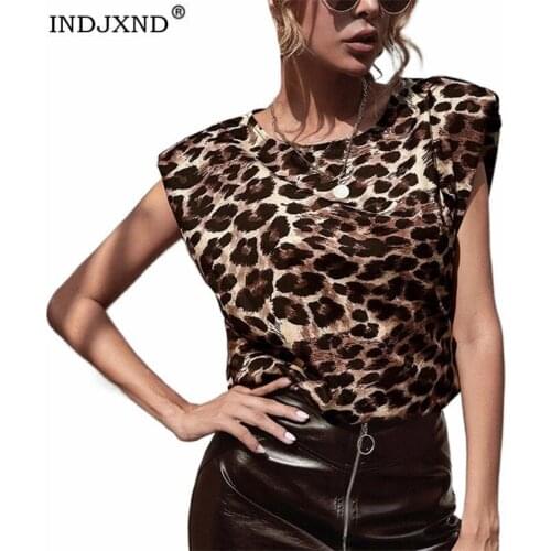 INDJXND Women Leopard Blouses Print Sleeveless Party Club Ladies Summer Casual Tops Female O-Neck Animal Plus Size Shirt Clothes