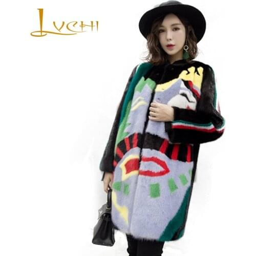 LVCHI Winter 2019 Catwalk Show Import Real Mink Fur Coats Patchwork Colorful Womens Natural Fur Print Medium O-Neck Mink Coats