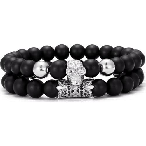 2 pieces / set of micro-inlaid zircon skull bracelet volcanic stone elastic bracelet natural stone beaded mens and womens
