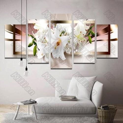 Abstract Style Murals Canvas Painting Bed Home Decoration Prints 5 Pieces Gold White Flower Lily Bud Living Room Wall Mural