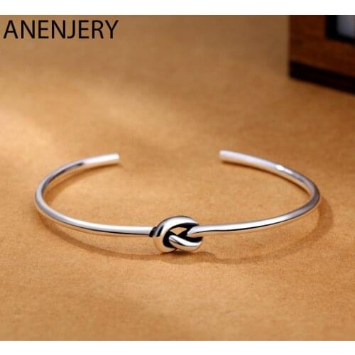 ANENJERY 925 Sterling Silver Simple Handmade Thai Silver Knot Bangle Bracelet Cuff Open Bangle For Women Men S-B284