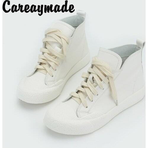 Careaymade-High top Genuine leather short boots Korean small white shoes lace up comfortable womens shoes cowhide single boots