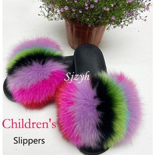 Childrens Summer Furry Slides Fashion Luxury Fluffy Fox Fur Slippers Kids Home Shoes Girls Flat Plush Sandals Fur Flip Flops