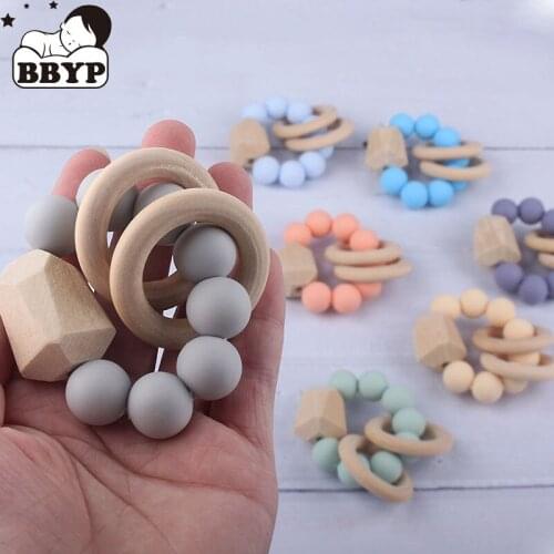 Baby Teether Bracelet Organic Wooden Ring Natural Teething Grasping Toy Silicone Bead Toddler Teether Newborn DIY Baby Gift