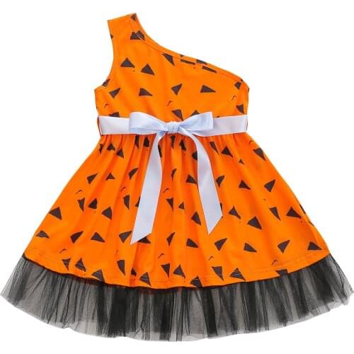 Infant Baby Girls Slanted Shoulder Dress with Bow Belt Halloween Costume Mesh Stitching Decor