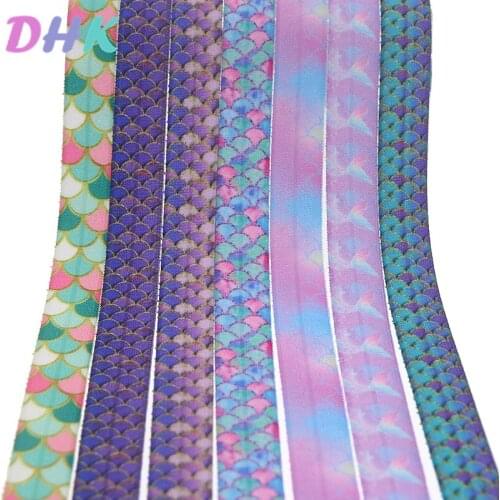DHK 5/8'' 10yards fish printed Fold Elastic FOE stretch ribbon hairbow headwear headband DIY OEM B1839