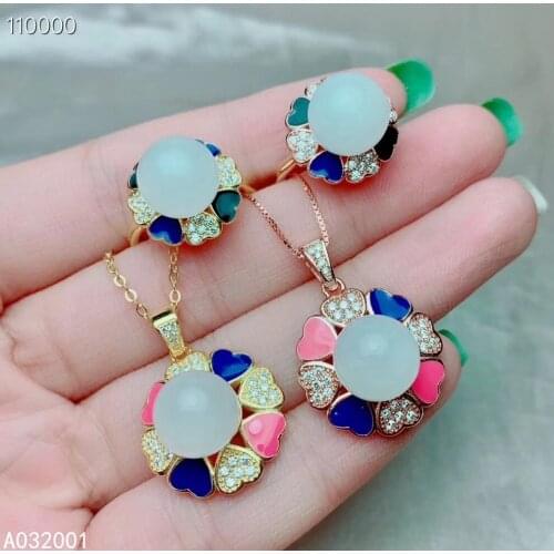 KJJEAXCMY fine jewelry natural White jade 925 sterling silver women pendant necklace chain ring set support test trendy