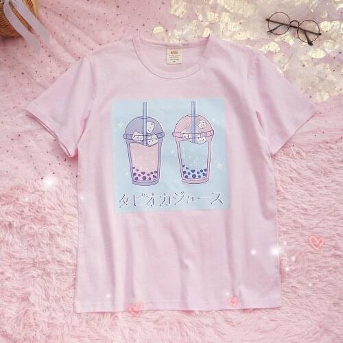 Summer Small Fresh Students Pink Milk Tea Print Short Sleeve T-shirt Tee Kawaii Harajuku Soft Girl Ulzzang Womens Loose Tops