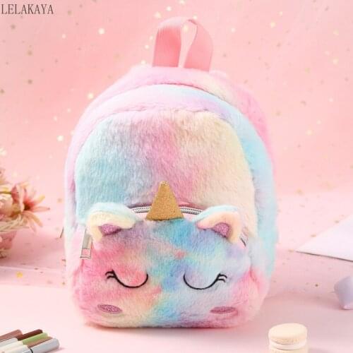 Cute Unicorn Backpack for Children Soft Fur Schoolbag Winter Autumn Comfortable Kindergarten Kids Plush Backpacks Purse wallet