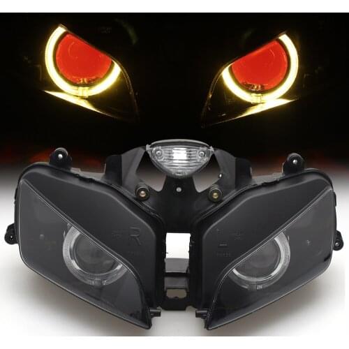 Motorcycle HID Projector Conversion Headlight Assembly w/ LED Yellow Angel Red Demon Eyes Headlamp For Honda CBR600RR F5 03-06