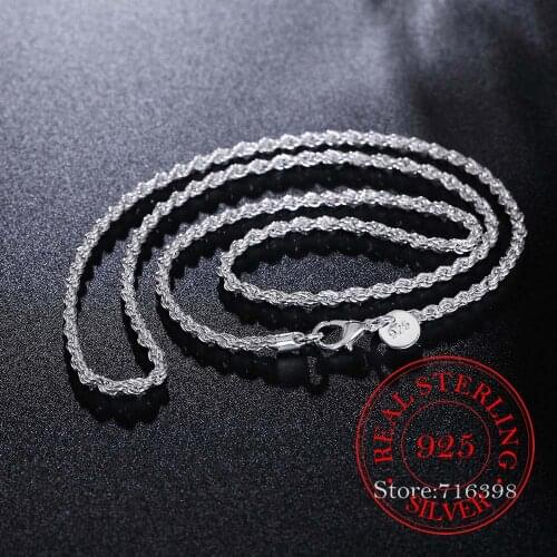 Real 100% 925 sterling silver Mens Fine Jewelry 3mm twisted rope chain necklace Size 16-30inch charm necklace Colar