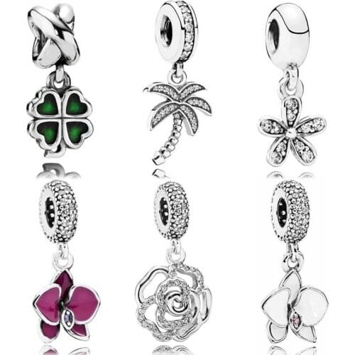 Original Enamel Four-leaf Clover Flower Palm Tree With Crystal Pendant Fit Europe Bracelet 925 Sterling Silver Charm Jewelry