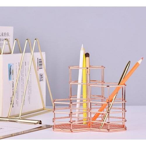 Pen Cup Holder Hexagon iron Hollow Makeup Brush Organizer Stationery Storage Container Gold Pencil Holder Desk Office Organizer