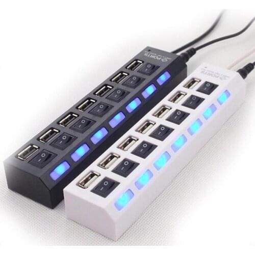 Splitter With Power Adapter 7 Ports LED USB 2.0 Adapter Hub Power on/off USB Splitter HUB For PC USB Hab High Speed 91220