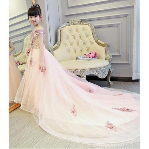 Pink Girls Shoulderless Wedding Dress Long Trailing Party Tulle Princess Birthday Dress Christmas Gown First Communion Dresses