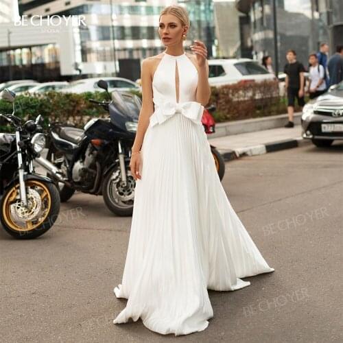Chic 2 In 1 Bow Wedding Dress 2021 Classic Backless Satin A-Line Bride Gown Princess Court Train BECHOYER AK18 Vestido De Noiva