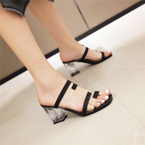 YQBTDL 2020 Fashion New Reach Clear High Heels Slippers Women Slides Glitter Strap Transparent Block Heel Ladies Shoes Summer