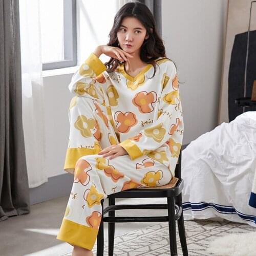 Plus Size Autumn Winter Cute Sleep Tops Lounge Pajamas Long Sleeve Flowers Pattern Women Pajamas Full Cotton Sleepwear For Women
