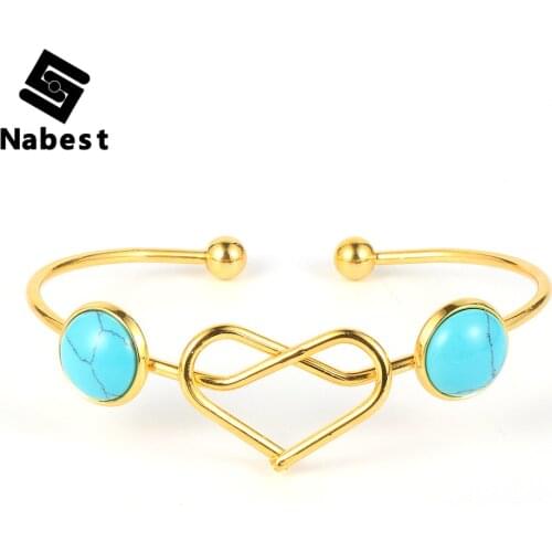 Women Natural Gem Stone Open Copper Hollow Heart Bangle Tiger Eye Tanglin Lapis Lazuli Crystal Charm Bracelet Wrist Cuff Jewelry