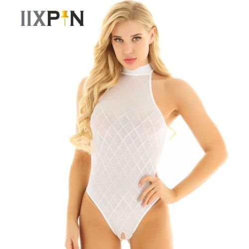Womens Crotchless Swimsuit Bodysuit See Through Leotard Mesh High Cut Open Crotch Gymnastics Bodysuit Nightwear Sexy Catsuit